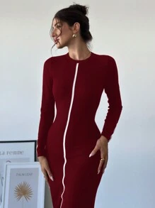 Firerie Women Contrast Color Long Sleeve Bodycon Maxi Sweater Dress - Burgundy - View 3