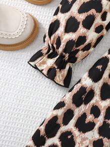 Tween Girls Casual Leopard Print Ruffle Trim Bow Front Long Sleeve A-Line Smock Dress - Apricot - View 6