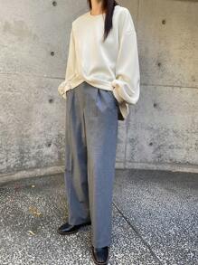 FRIFUL 女式纯色圆领长袖休闲上衣，秋季服装运动衫 - 杏色 - 查看 6