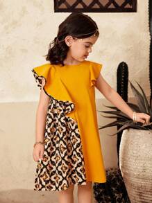 SHEIN Vestido ajustado para niña con estampado geométrico tejido y volantes en el bajo - Amarillo - Ver 5