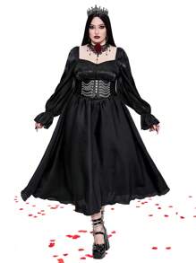 Flirla 大码浪漫纯色腰部合身长袖连衣裙哥特女装 - 黑色 - 查看 6