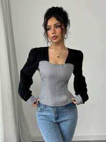 Chiquease Fashionabla lapptäcke för kvinnor, långärmad, elegant elegant blus - Svart - Visa 5