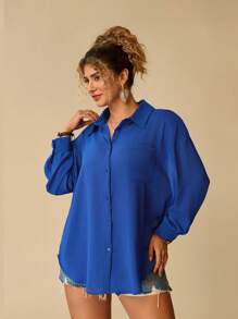 Travachic 大码长袖雪纺衬衫 - 藍色 - 查看 1