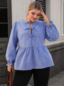 SHEIN Clasi Plus Size Blue Striped Casual Elegant Business Attire Loose Fit Tie Front Bow Decor Blouse - Blue - View 3