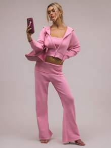 MUSERA Ribbed Knit Hooded Zip Through Cardigan Y2k Spring Casual Cute 90's Sun Chic - Pink - View 4