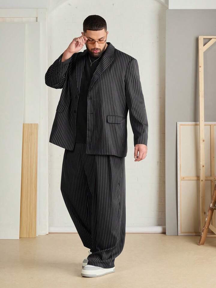 Manfinity RebelGame Plus Size Men Loose Vertical Striped Long Sleeve Blazer Jacket And Pants Suit