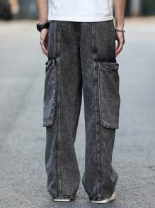 Manfinity Homme Men's Loose Fit Wide Leg Baggy Jeans With Large Pockets - Grey - View 2