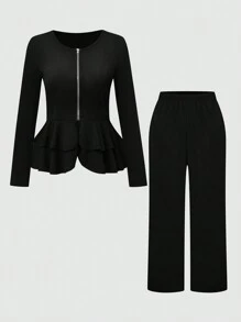 SHEIN Clasi Plus Size Solid-Color Front Zipper Long Sleeve Top And Pants Set