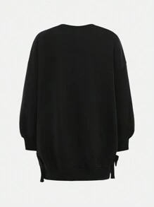 SHEIN Sweat-shirt-shirt décontracté et ample pour préadolescentes avec imprimé lettrage et nœud décoratif - Noir - Voir 2