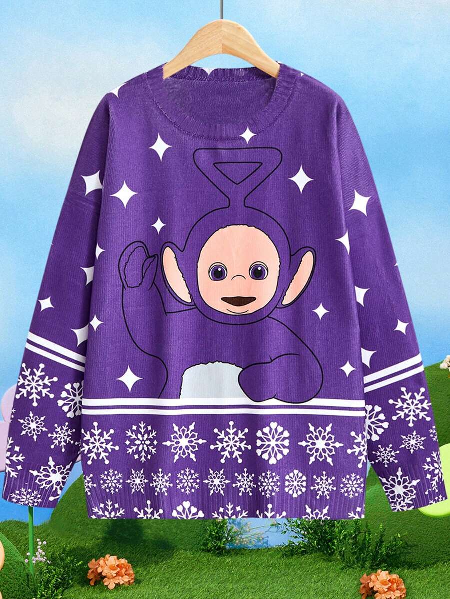 Teletubbies X SHEIN Plus Size Casual Y2K Fair Isle & Cartoon Print Purple Sweater, Kawaii