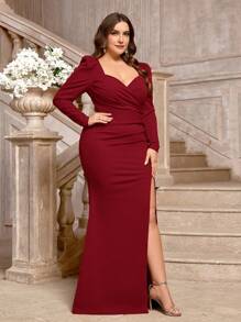 SHEIN Belle Vestido de dama de honor elegante de talla grande en color caramelo, con mangas de obispo y abertura alta, de tela elástica - Burdeos - Ver 4