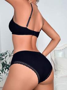 女士纯色撞色蕾丝内衣套装 - 黑色 - 查看 2