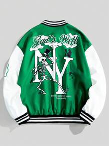 Manfinity VCAY 男士数码印花宽松长袖棒球夹克/外套，适合秋冬 - 綠色 - 查看 2