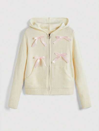 Kawaii Himekaji Cute Apricot & Pink Bowknot Zipper Pocket Cardigan Sweater For Women, Spring