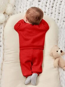 SHEIN 2pcs/Set Newborn Baby Boy & Girl Casual Sports Streetwear Gentleman Style All-Match Loose Round Neck Velvet Hoodie Sweatshirt Outfit, Suitable For Spring/Autumn/Winter, Indoor & Outdoor Wear