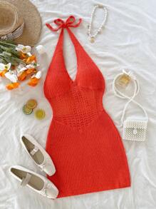 Soleia Vacation Halter Neck Backless Fitted Knit Dress - Orange - View 5