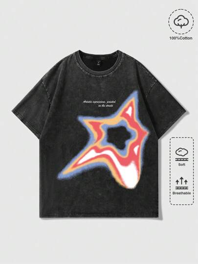 Grunge Punk Camiseta de manga corta con lavado ácido para hombres, adecuada para uso diario en primavera y verano