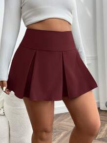 SHEIN EZwear Plus Size Women High Waist Pleated Short Mini Skirt - Burgundy - View 4