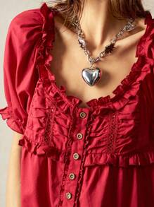 Bohemela 女士休闲纯色宽松编织短袖衬衫，红色上衣