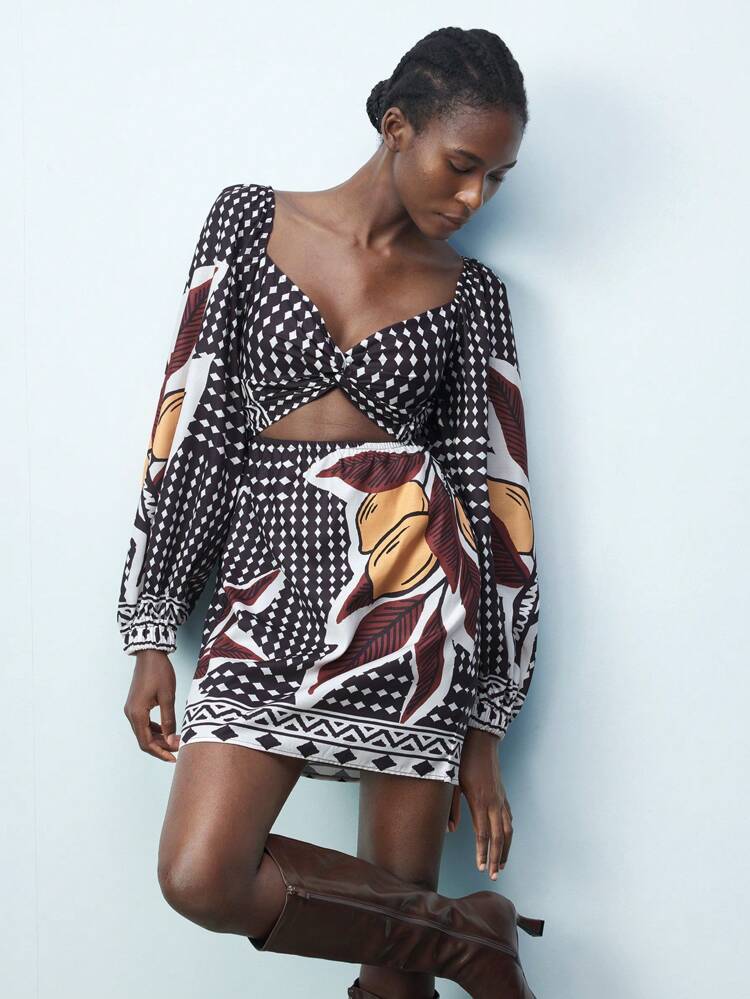 SHEIN Maija Black & White Diamond Grid Floral Print Twist Front Crop Dress, Casual Beachwear Romantic, Fashion, Versatile; Suitable For Summer Vacation, Comfortable, Bohemian Style, Beach Wear, Swimsuit Cover-Up, Stylish, Elegant, Casual, , Simple Daily Wear, Country Style, Essential, Solid Color, Holiday Casual, Decent, Single Lady, Ideal For Vacation Elegant Fashion Business Casual Woman Going Out Tops Graduation Outfit European Summer Hawaii Outfits Women Summer Dresses For Women Streetwear Women Stockholm Style Teacher Outfits For Women