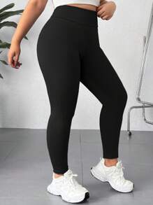 SHEIN EZwear Plus Size Czarne Leginsy Wyszczuplające z Wysokim Stanem, Swobodne i Minimalistyczne, Odpowiednie Na Wiosnę i Jesień