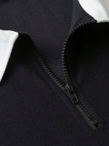 Manfinity Mode 大码男式纯色拼布前拉链长袖休闲高尔夫 Polo 衫 - 黑與白 - 查看 5