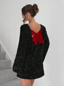 SHEIN Essnce Vestido miniminimalista casual de manga larga con decoración de lentejuelas para mujer