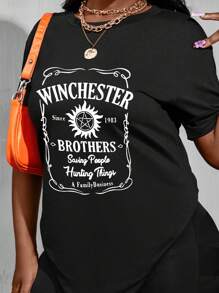 Maweii Plus Size Slogan Printed Round Neck T-Shirt, WINCHESTER Since 1983 BROTHERS Saving People Hunting Things A Family Business Graphic Tee, Women Summer Top - Black - View 1