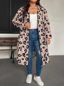 SHEIN LUNE Plus Size Women Leopard Print Long Sleeve Hooded Drawstring Pockets Long Casual Coat ,Autumn New Years Women Leopard Print Coat For Women - Multicolor - View 5