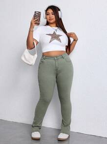 SHEIN EZwear Große Größen Jeans mit Knopfleiste und Tasche, einfaches Design, Lässig Alltagskleidung