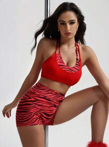 Menodora SHEIN Sport Women's High Waisted Zebra Print Casual Gym Workout Shorts - Burgundy - View 3