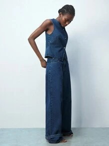 Maija 蓝色 V 领单排扣宽松休闲马甲无袖牛仔上衣，适合春夏季，西式女装，独立日/7 月 4 日，圣约翰，毕业典礼，节日服装，外出，老钱 - 藍色 - 查看 5