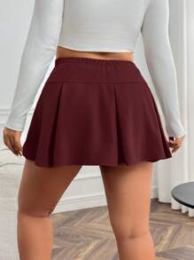 SHEIN EZwear Plus Size Women High Waist Pleated Short Mini Skirt - Burgundy - View 2