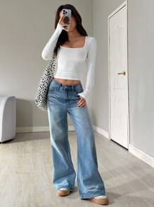 SHEIN EZwear Long Sleeve Top Dopamine Orange Scoop Neck Ribbed Knit Tee - White - View 4