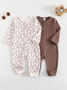 Cozy Pixies 女婴豹纹纯色柔软针织连体衣，舒适居家服，户外运动连体衣，长袖两件套，男女童均适用