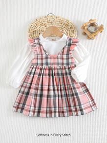 Cozy Pixies Conjunto de 2 piezas para niña bebé con blusa de manga larga con volante en cuello y vestido sin mangas a cuadros - Rosa - Ver 1