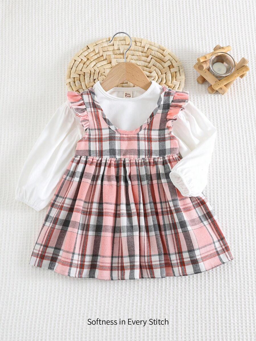 Cozy Pixies Conjunto de 2 piezas para niña bebé con blusa de manga larga con volante en cuello y vestido sin mangas a cuadros - Rosa - Ver 1