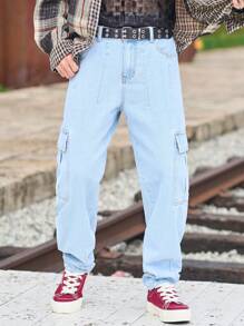 Manfinity Hypemode Plus Size Men's Casual Simple Multiple Pockets Cargo Denim Jeans - Light Wash - View 3