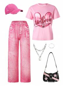 Conjunto de 2 piezas para niñas preadolescentes que incluye camiseta de manga corta con estampado de corazón rosa y pantalones largos con textura de mezquita, diseño de moda y alegre adecuado para la escuela, salidas, primavera/verano