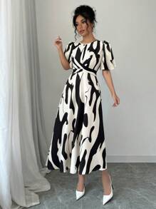 RosyDaze Black & White Asymmetrical Print Twist Knot Dress, Twist Knot Strap Vacation Casual Dress - Black - View 4