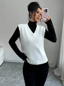 Chiquease 2024 Autumn/Winter V-Neck Plaid Pattern Loose Knitted Vest Sweater For Women - White - View 1