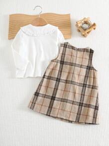 Cozy Pixies 2 件套女婴彼得潘领蕾丝边长袖开衫和圆领格纹无袖连衣裙