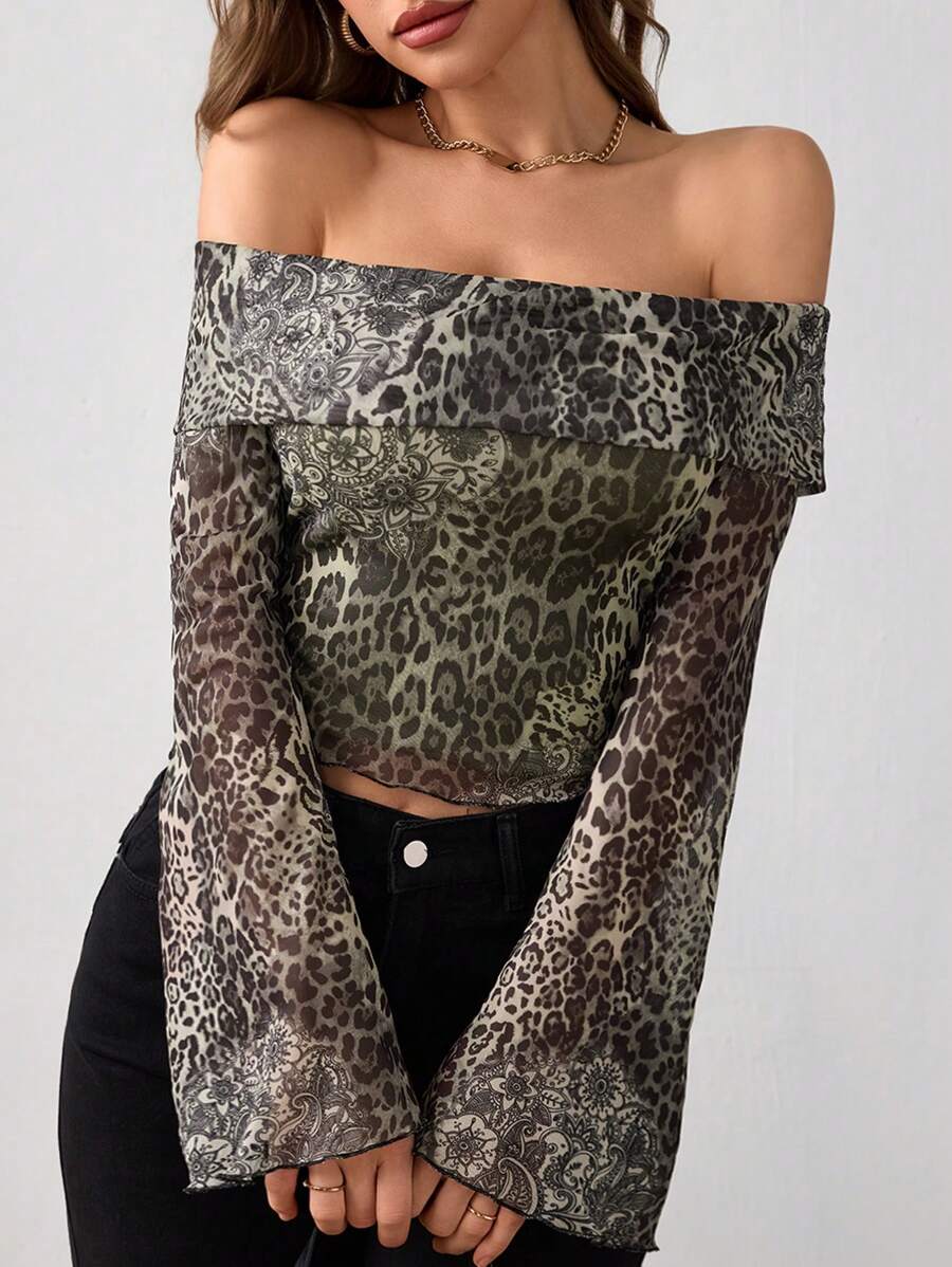 SHEIN EZwear Top con stampa leopardata in in rete a spalle scoperte di moda - Multicolore - Visualizzare 1