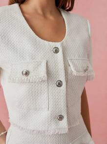 Enchnt 春冬浪漫女士时尚白色金属纽扣装饰短袖流苏粗花呢夹克，甜美优雅，适合情人节、节日、甜蜜约会和日常通勤 - 白色 - 查看 3