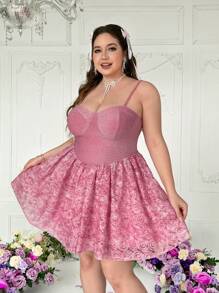Lyrianda Plus Size Women Vintage French Peplum Princess Dress, Cinched Waist Spaghetti Strap Romantic Cute Party Mini Dress With Valentines, Rose, Heart, Polka Dot, Love, Lip, Cupid, 260D Flower Print