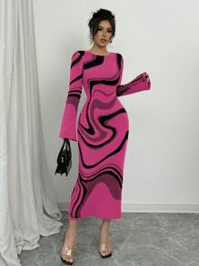 Elenzga 女式拼色圆领长袖修身收腰休闲连衣裙