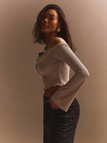 Athîral Women's Off Shoulder Brown Contrast Color Drawstring Long Sleeve Casual Tie Bardot Knit Top Valentine Spring - Khaki - View 2