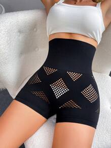 Short de cintura alta de unicolor con diseño calado, prenda moldeadora para mujer