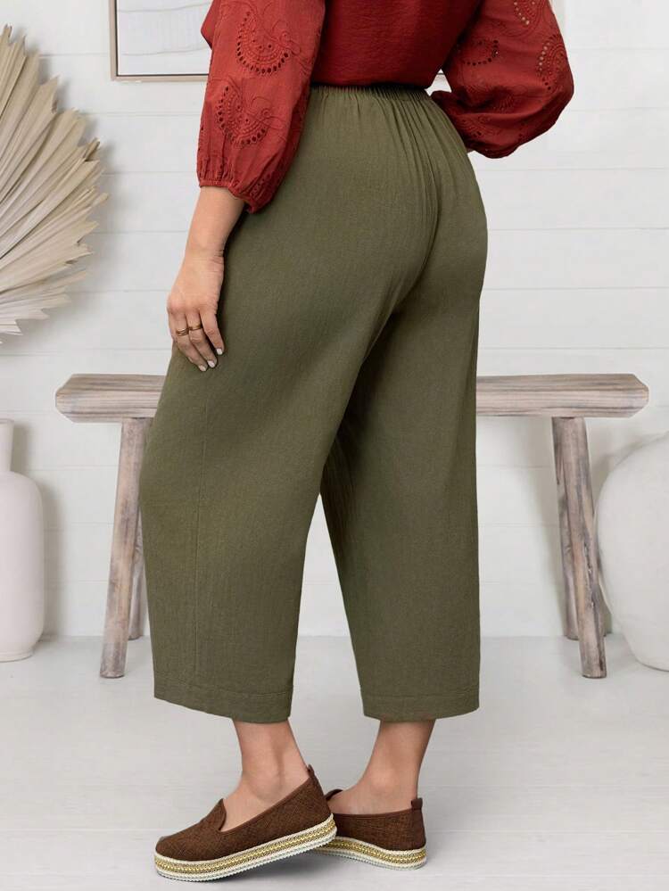 Plus Size Solid Color Front Tie Pocket Minimalistic Casual Long Pants For Everyday Wear