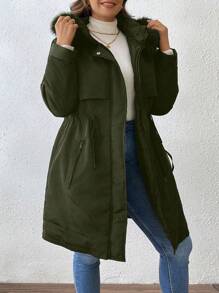 SHEIN LUNE Abrigo acolchado de talla grande para el invierno, de unicolor, manga larga, cuello alto con ribete de piel